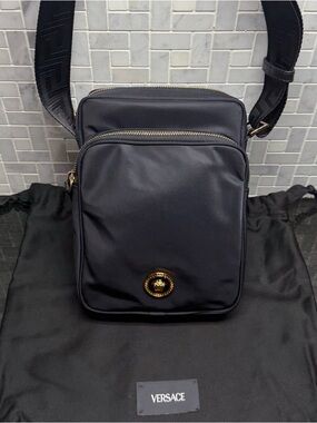 Versace Medusa Nylon Crossbody Shoulder Bag Black Gold Logo Greca Strap New